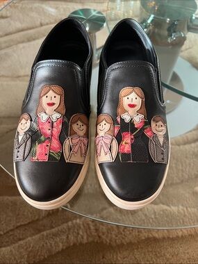 Dolce & Gabbana Black Leather Slip-On Sneakers with Family Doll Appliqués
